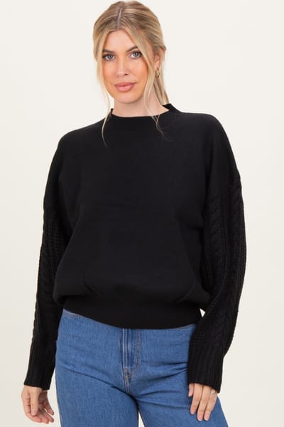 Zenana Outfitters Black Cable Knit Sleeve Round Neck Sweater