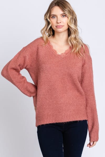 Hem & Thread Mauve Soft Knit Lace Trim Sweater