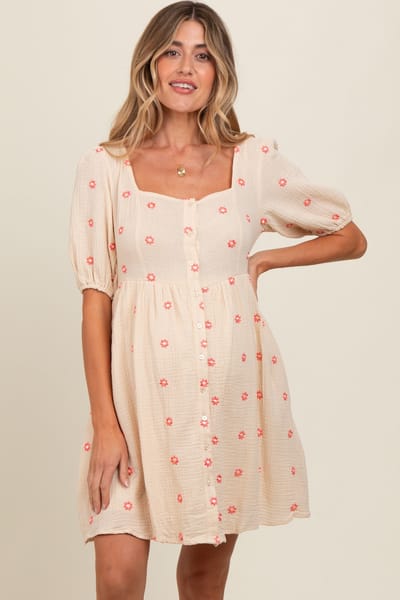 BaeVely Beige Floral Embroidered Button Front Short Sleeve Maternity Dress