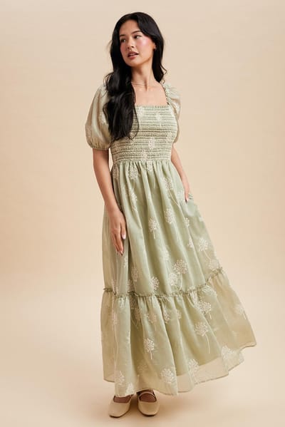 In Loom Fern Embroidered Floral Smocked Maxi Dress