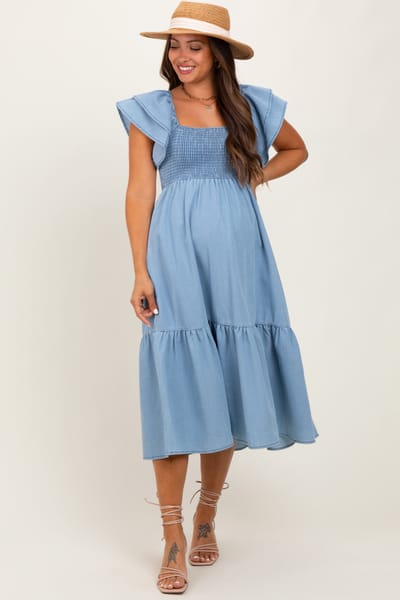 Elloh Light Blue Chambray Smocked Flutter Sleeve Maternity Dress
