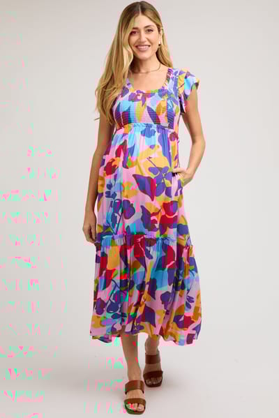 Lime N Chili Multi-Color Smocked Ruffle Maternity Midi Dress