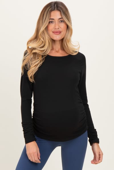 Rhea + Thea Black Solid Ribbed Ruched Long Sleeve Maternity Top