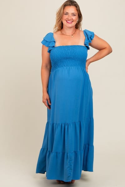 Ces Femme Blue Smocked Ruffle Layered Short Sleeve Tiered Maternity Maxi Dress