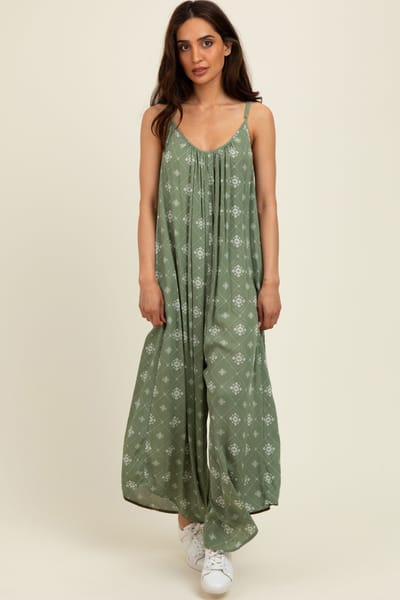 Hem & Thread Olive Tile Mosaic Printed Cami Jumpsuit