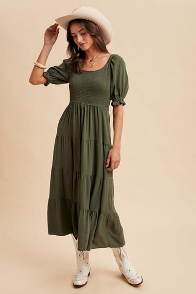 In Loom Olive Smocked Tiered Maxi Dress