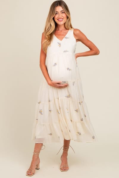 Hayden Lavender Ditsy Floral Embroidered V Neck Tiered Maternity Dress