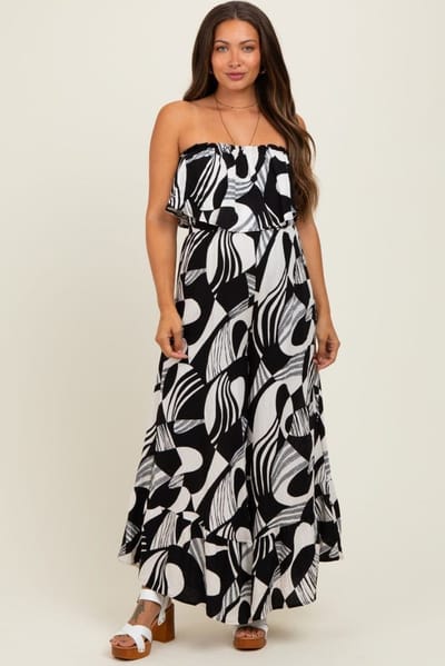 PinkBlush Black/Cream Printed Wide Leg Tube Maternity Jumpsuit
