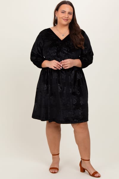 No Less Than Black Velvet Floral Ruched Neck Plus Dress