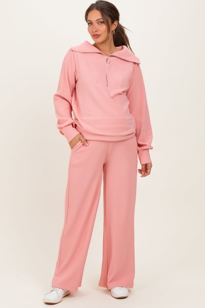 PinkBlush Peach Ribbed High Neck Half Zip Pullover Maternity Pant Set