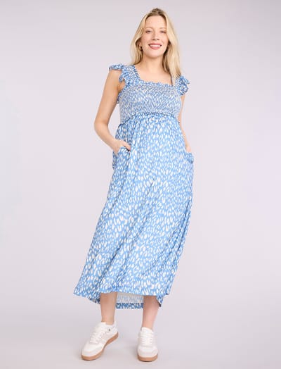 Motherhood Maternity Sleeveless Ruffle Shoulder Smocked Maxi Dress