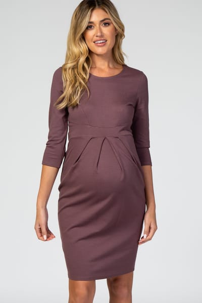 Hello Miz Purple 3/4 Sleeves Front Pleated Maternity Dress
