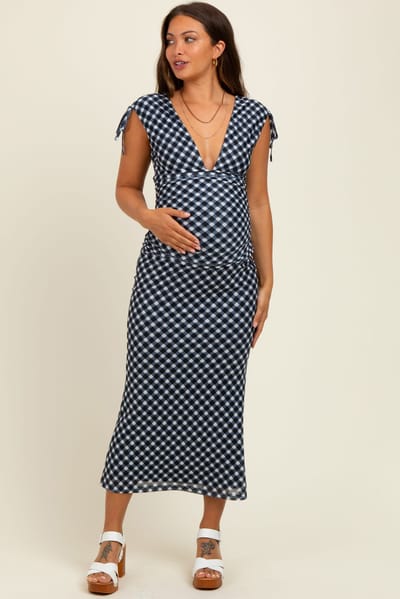 PinkBlush Black Ruched Gingham Shoulder Tie Maternity Maxi Dress