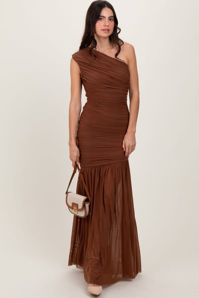 Cameo Mocha Ruched Mesh One Shoulder Maxi Dress