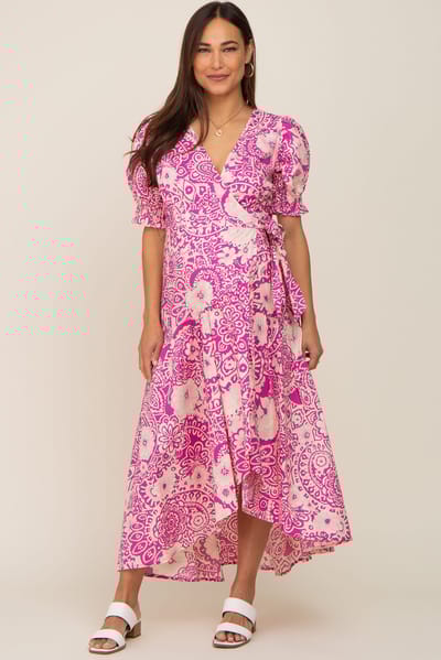 PinkBlush Magenta Floral Paisley Wrap Maternity Dress
