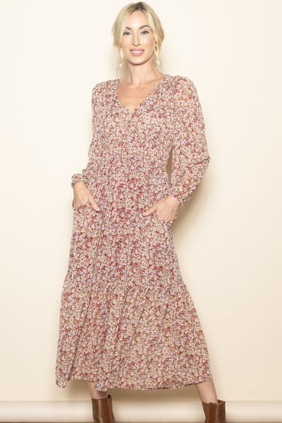 Elloh Burgundy Floral Smocked Waist Maxi Dress