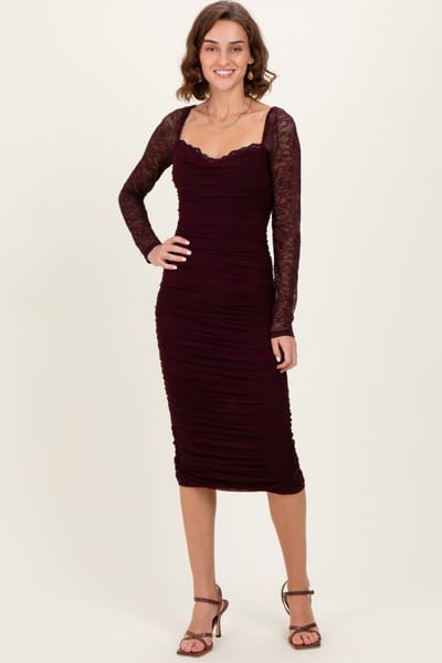 Privy Burgundy Ruched Lace Sleeve Midi Dress
