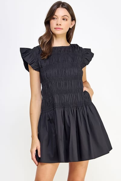 Strut & Bolt Black Smocked Bodice Poplin Mini Dress