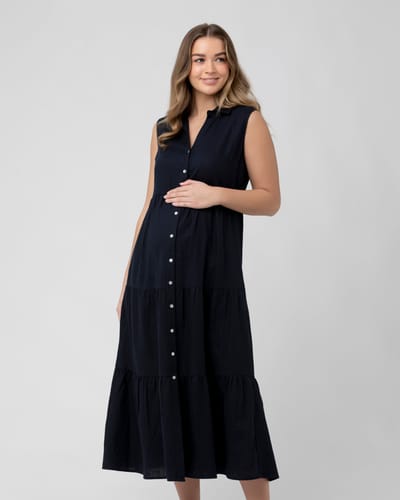 Ripe Maternity Tracy Tiered Linen Dress Navy