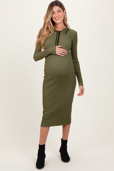 Blu Pepper Olive Contrast Trim Ribbed Knit Button Up Maternity Midi Dress