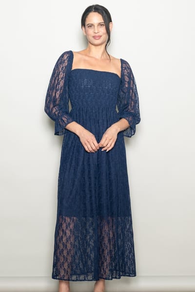 Elloh Navy Lace Overlay Smocked Maxi Dress