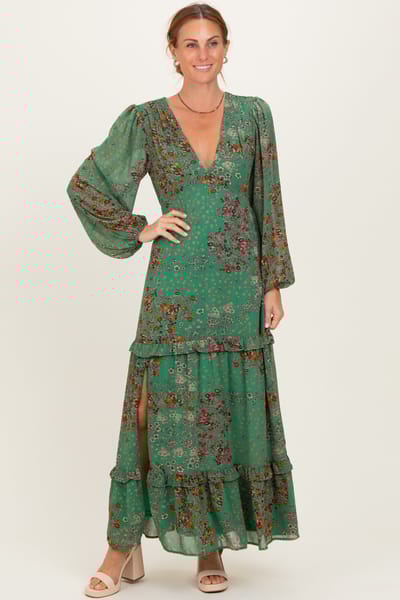 BaeVely Green Floral Chiffon V-Neck Long Sleeve Maxi Dress