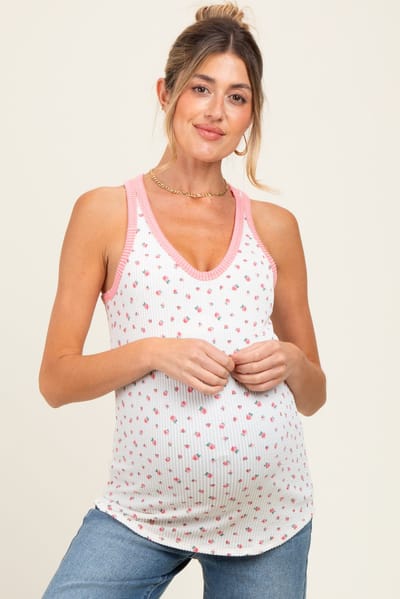 PinkBlush Pink Floral Ribbed Contrast Trim Maternity Tank Top
