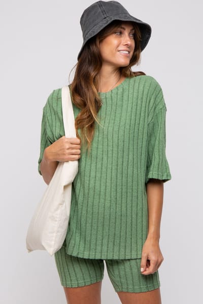 Charmo Light Olive Ribbed Soft Short Sleeve Shorts Set