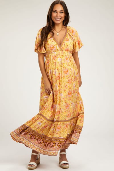 PinkBlush Yellow Floral Flounce Sleeve Maternity Maxi Dress