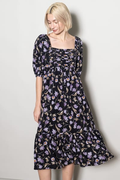 Elloh Black Floral Pleated Bodice 3/4 Sleeve Midi Dress