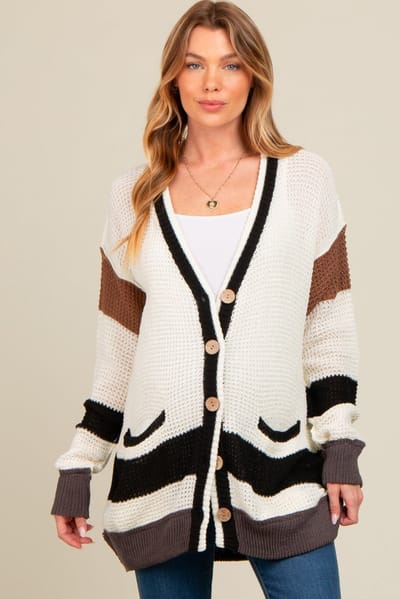 PinkBlush Ivory Crochet Knit Stripe Detail Oversized Maternity Cardigan