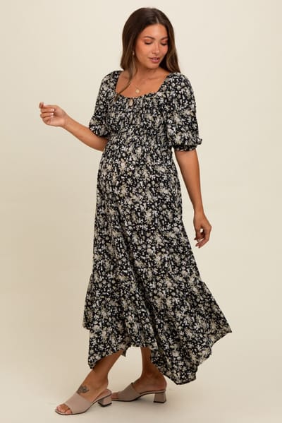 Elloh Black Smocked Handkerchief Hem Maternity Dress