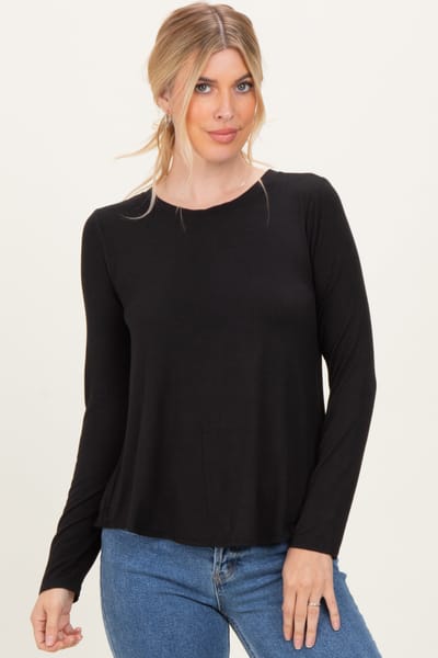 Zenana Outfitters Black Flowy Round Hem Long Sleeve Top