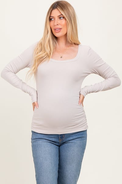 P.S. Kate Taupe Ribbed Ruched Maternity Long Sleeve Top