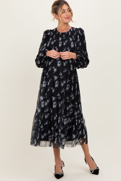 PinkBlush Black Floral Mesh Smocked Maternity Midi Dress