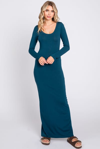 Culture Code Dark Teal Solid Long Sleeve Scoop Neck Maxi Dress
