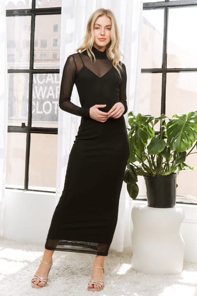 Sweet Generis Black Mesh Overlay Long Sleeve Maxi Dress