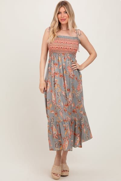ADORA Olive Paisley Shoulder Tie Smocked Maxi Dress