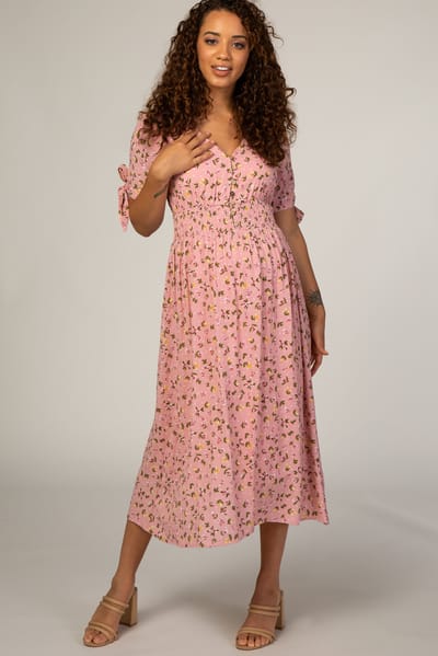Reborn J Pink Floral Tie Sleeve Maternity Midi Dress