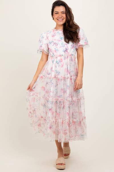 Tea N Rose Ivory Floral Mesh Ruffle Tiered Midi Dress
