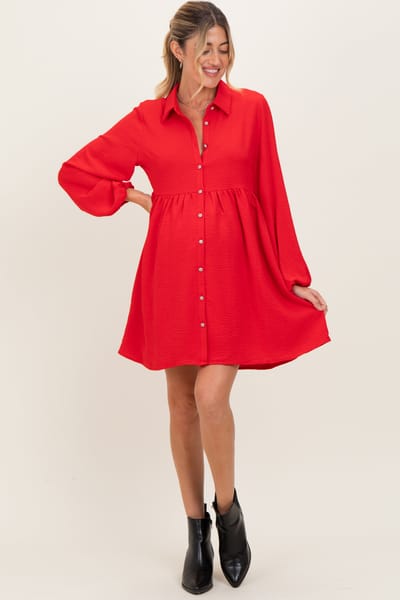 Jodifl Red Tiered Back Detail Button Down Maternity Dress