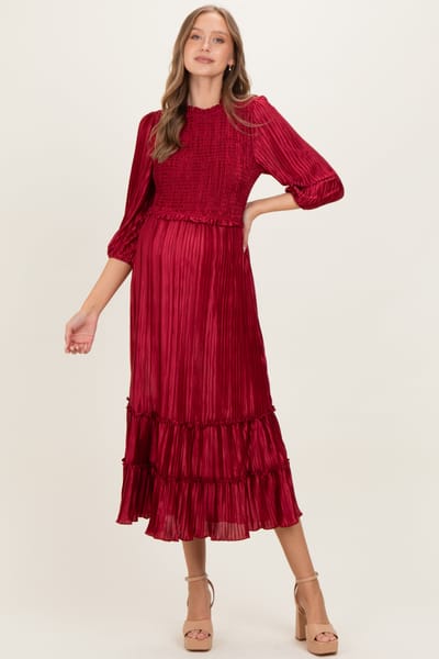 Dress Day Burgundy Pleated Satin Smocked Bodice Maternity Midi Dress