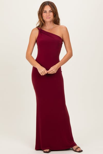 Blue Blush Burgundy Double Strap One Shoulder Maxi Dress