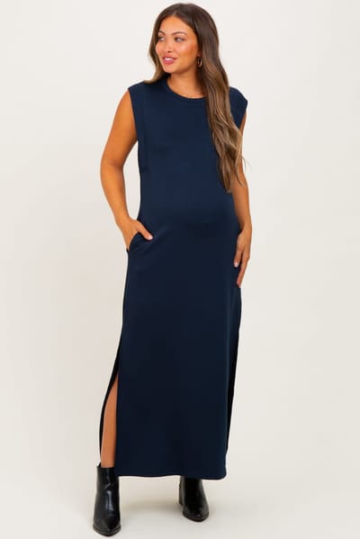 PinkBlush Navy Sleeveless Side Slit Maternity Midi Dress