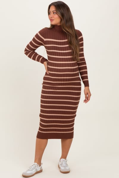 PinkBlush Brown Striped Turtleneck Maternity Midi Sweater Dress