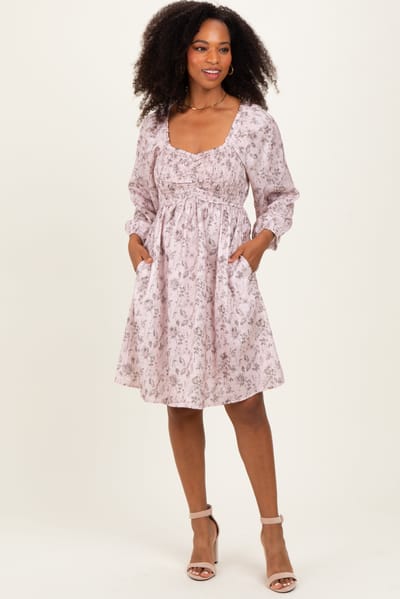 Polagram Pink Floral Sweetheart Neck Smocked Dress