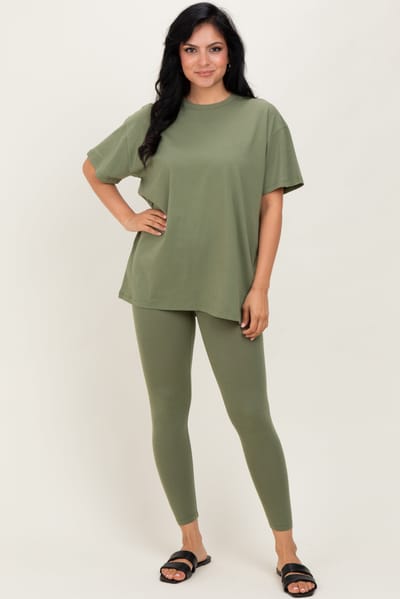 Zenana Outfitters Light Olive Oversized Crewneck Short Sleeve and Legging Set