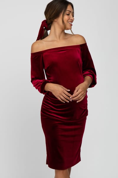 Hello Miz Burgundy Velvet Off Shoulder Fitted Maternity Dress