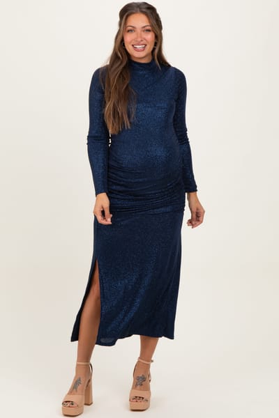 Rhea + Thea Navy Sequin Long Sleeve Mock Neck Maternity Maxi Dress