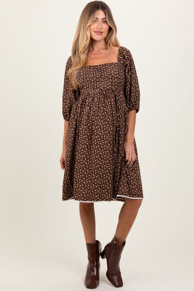 Elloh Mocha Floral Pleated Bodice Lace Trim Maternity Midi Dress